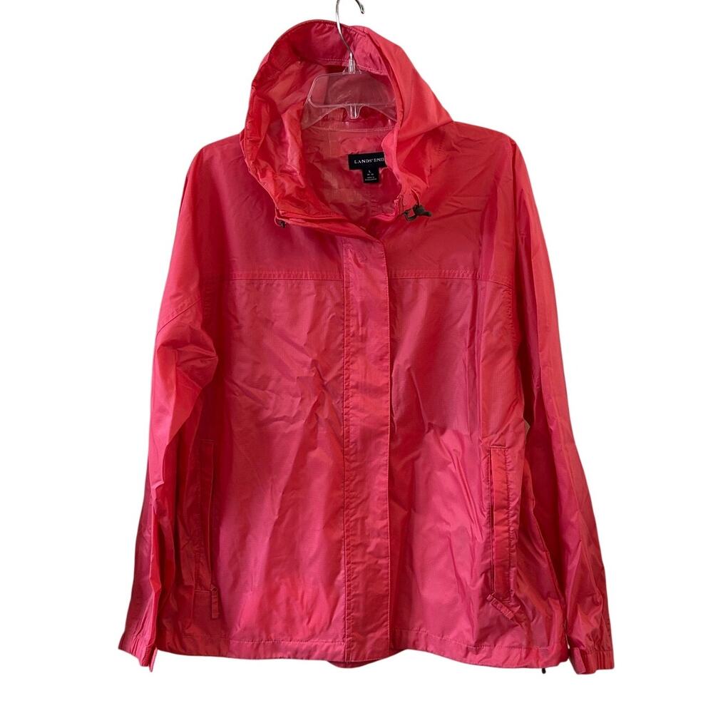 Lands' End Pink Full Zip Rain Jacket Windbreak Packable Zipper Pockets Large